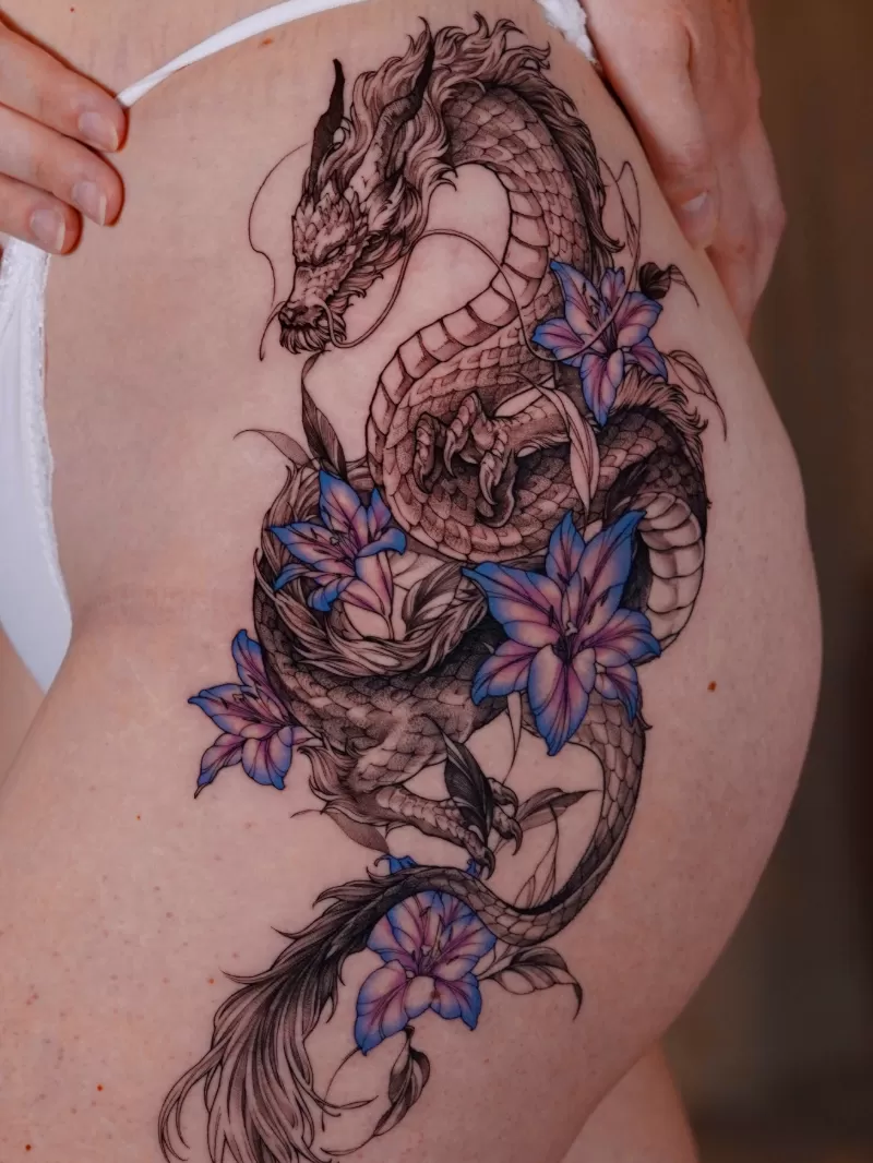 1774606777 Black Grey Dragon On Thigh Sexy Tattoo 1